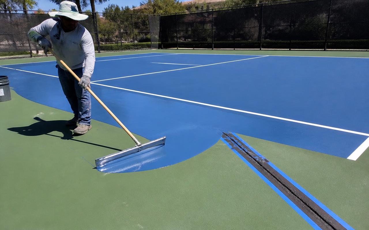 Technician squeegeeing new acrylic coating during a sport court resurfacing project