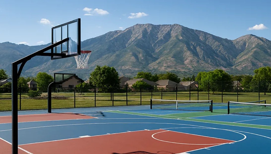 Finished multi-sport court in Utah striped for basketball, tennis and pickleball with the Wasatch mountains behind it